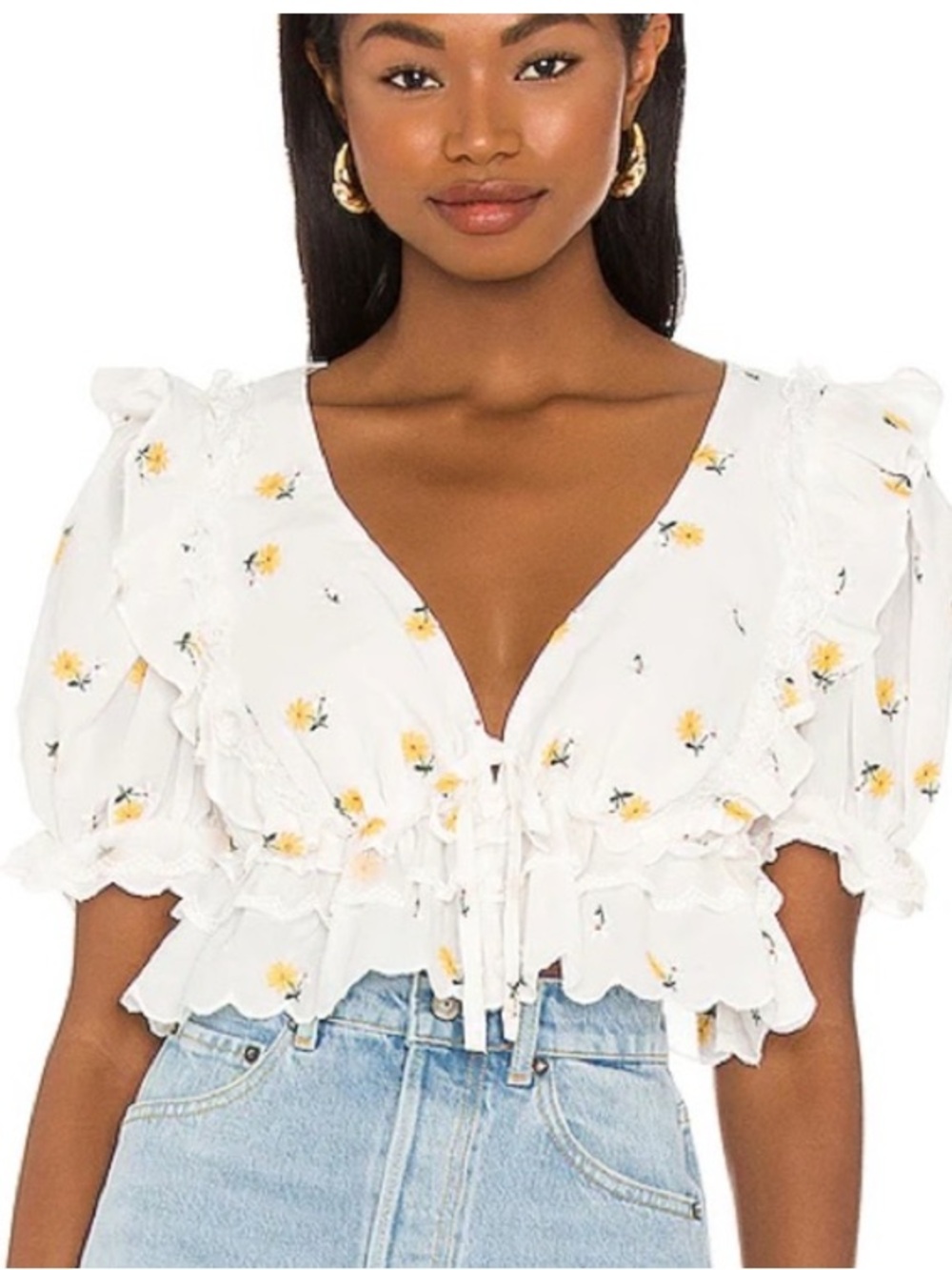 For Love & Lemons Cropped Floral Shelby Blouse - Size Small